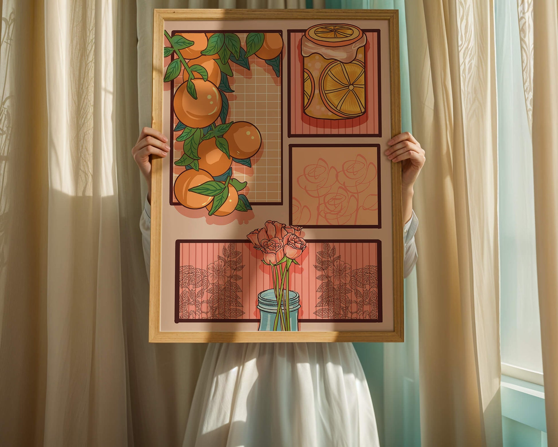 Composición artística con naranjas, frasco de rodajas de limón y rosas sobre fondo geométrico