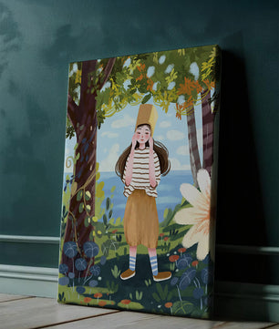 Whimsical Illustration of a Girl in Nature with Golden Hat