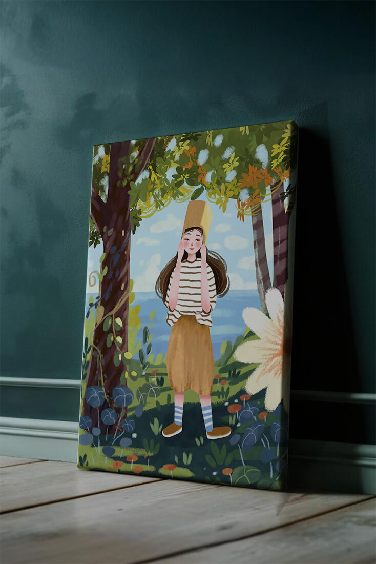 Whimsical Illustration of a Girl in Nature with Golden Hat