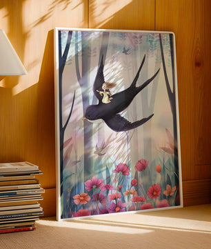 Zauberwald mit Mädchen, das auf einem Vogel zwischen leuchtenden Blumen reitet