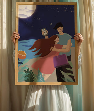 Pareja romántica abrazándose bajo una noche iluminada por la luna