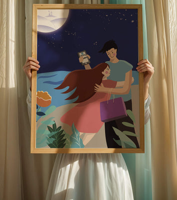 Romantic couple embracing under a moonlit night