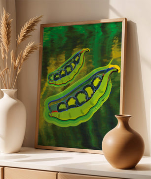 Ilustración abstracta de guisantes verdes coloridos con fondo vibrante