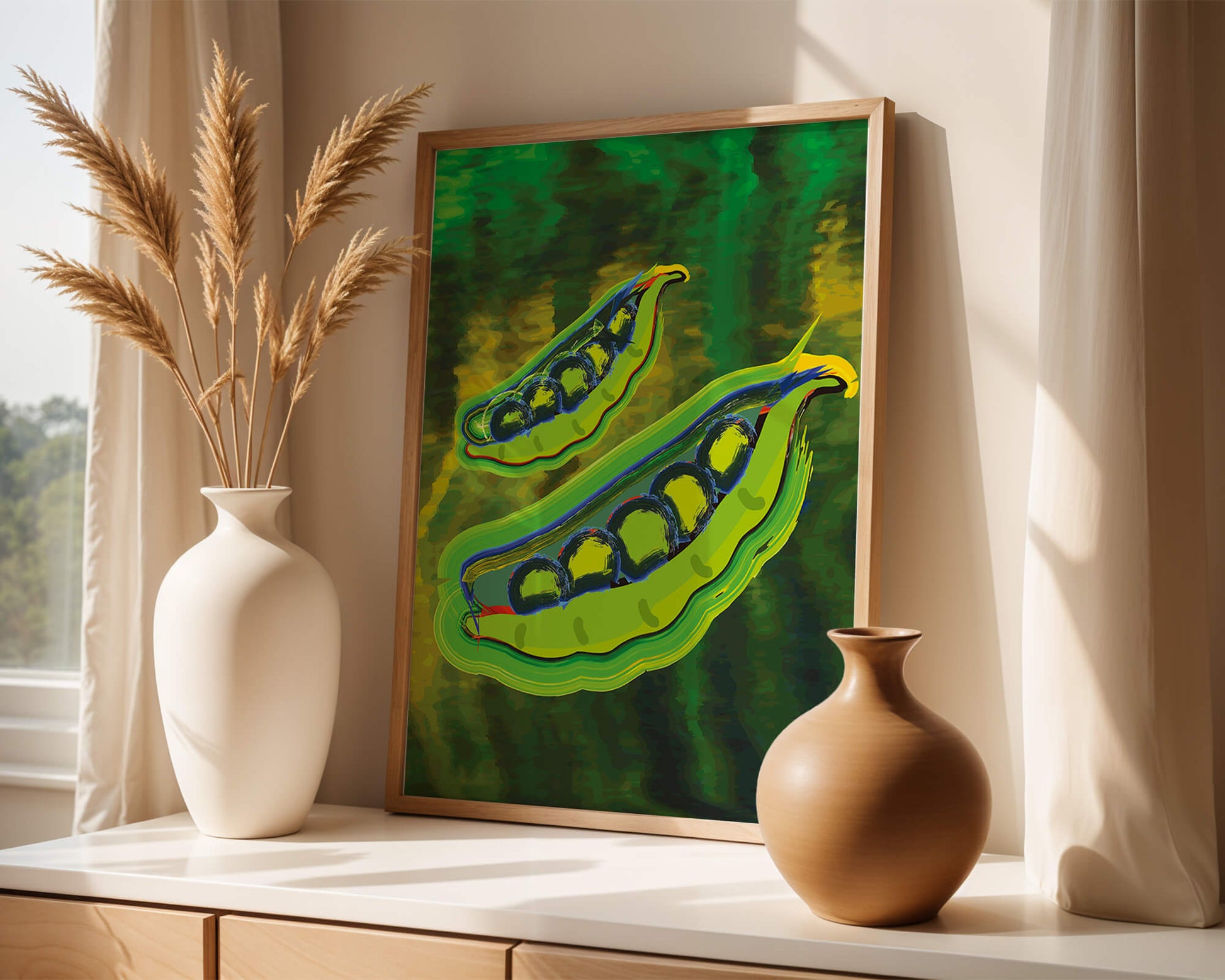 Ilustración abstracta de guisantes verdes coloridos con fondo vibrante