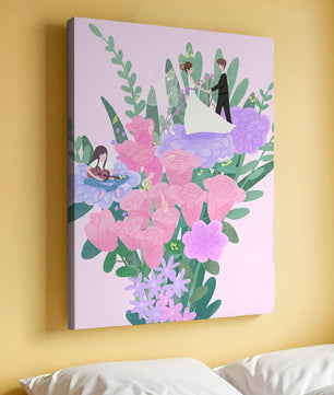 Whimsical wedding scene amidst colorful floral arrangement