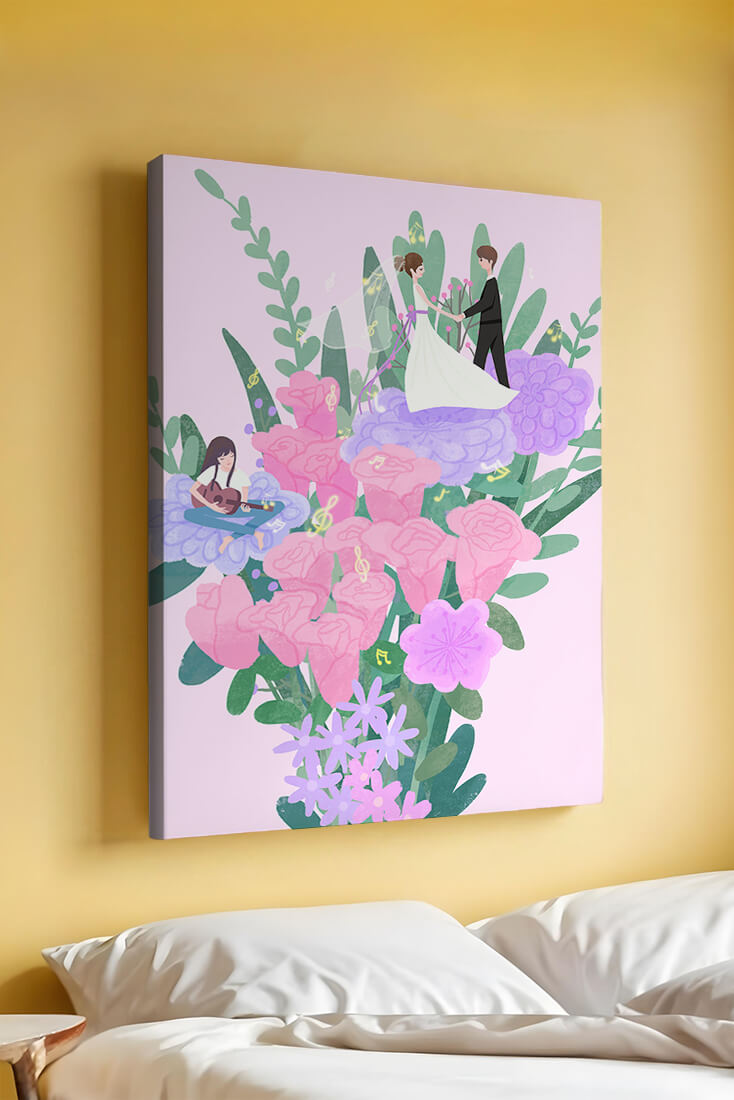 Whimsical wedding scene amidst colorful floral arrangement