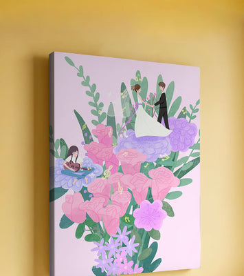 Whimsical wedding scene amidst colorful floral arrangement