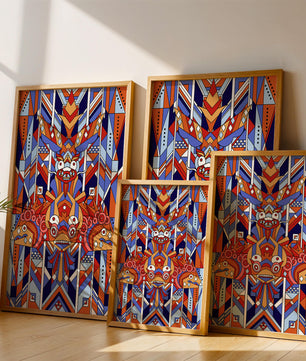Arte tribal geométrico con colores vibrantes y patrones simétricos