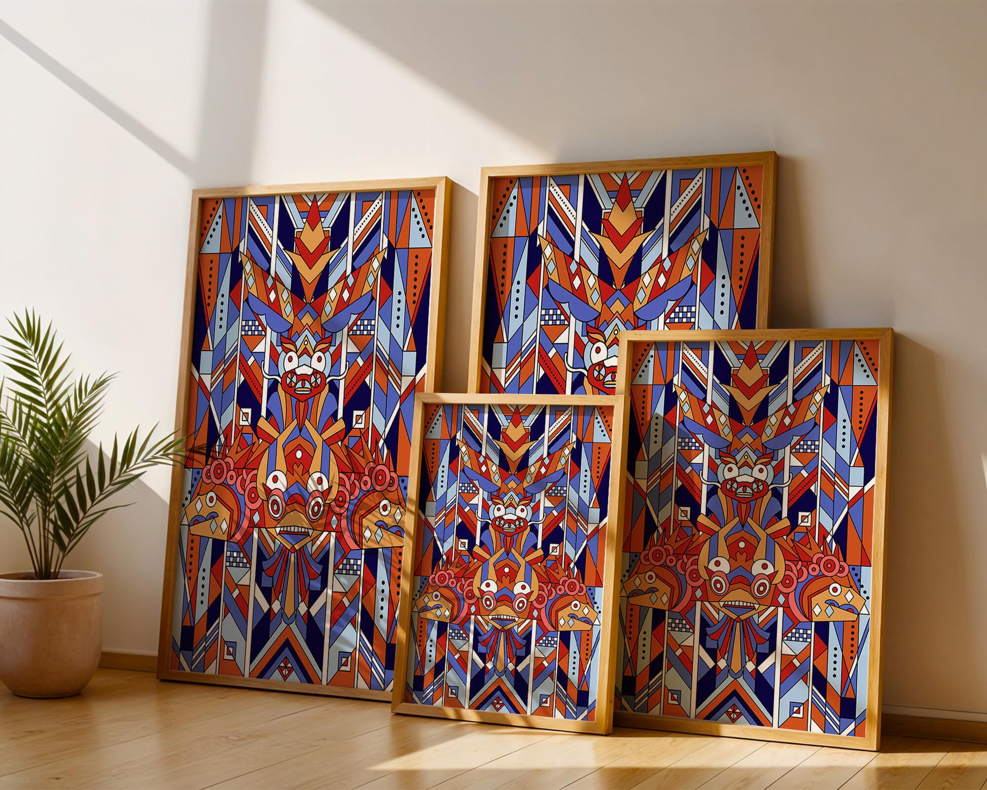 Arte tribal geométrico con colores vibrantes y patrones simétricos