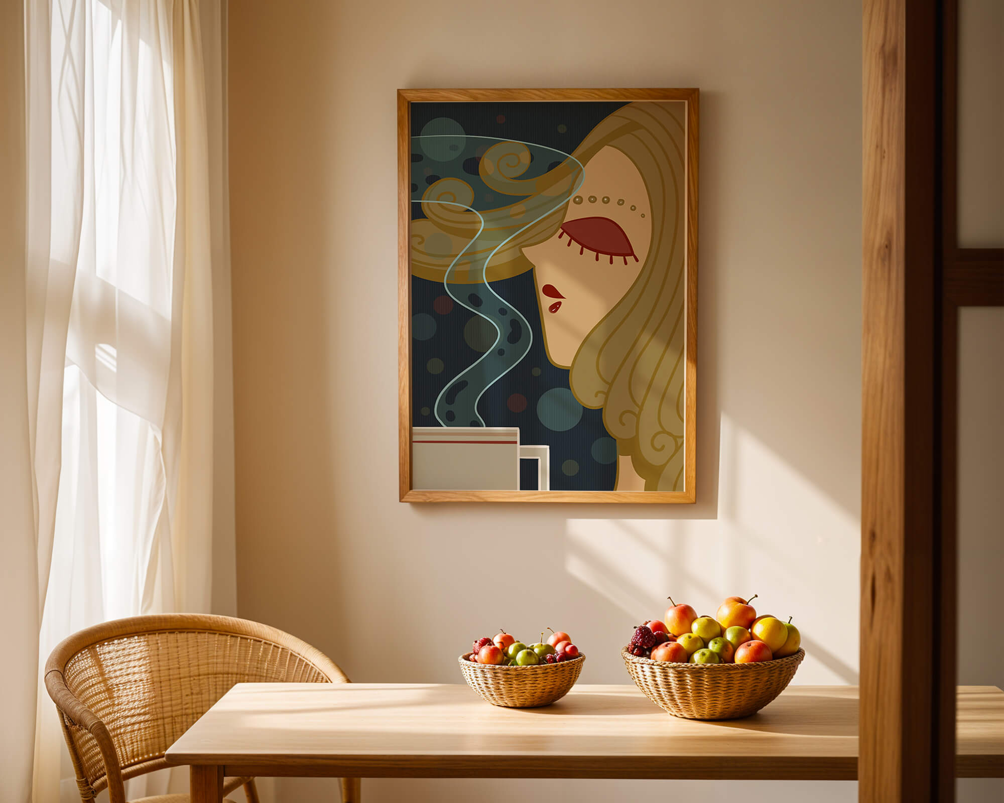 Stylized portrait of a woman with flowing hair and steaming coffee