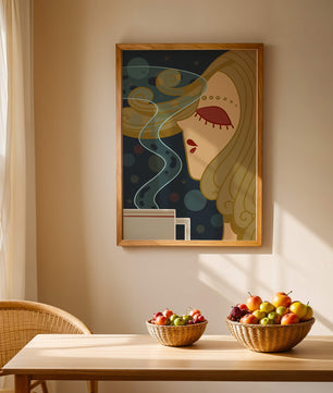 Stylized portrait of a woman with flowing hair and steaming coffee