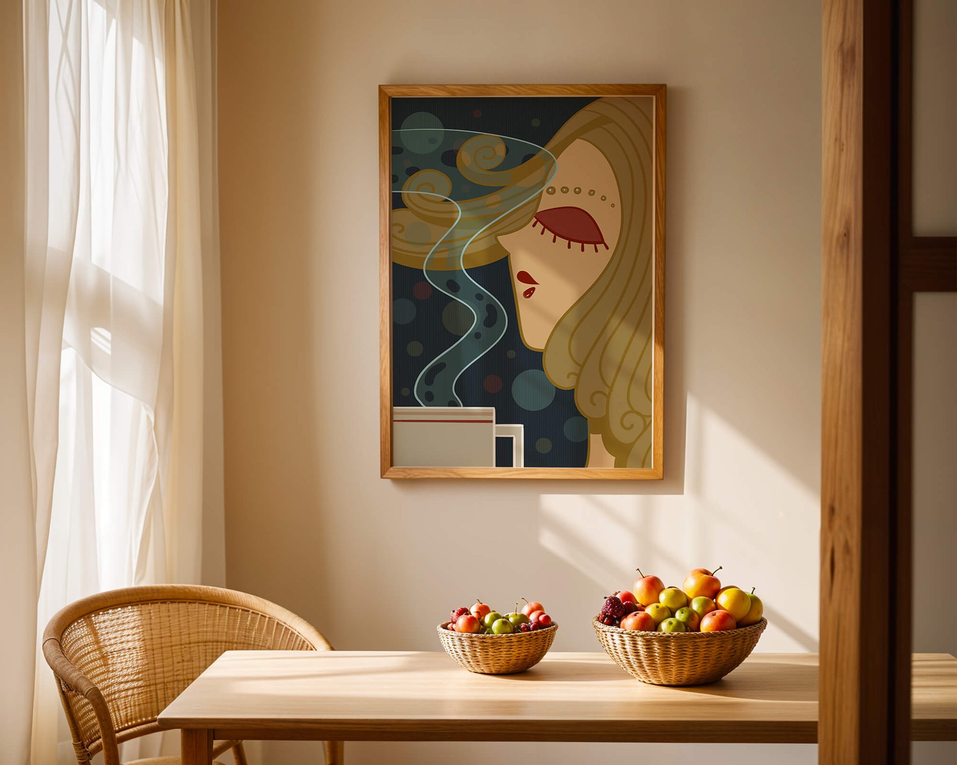Stylized portrait of a woman with flowing hair and steaming coffee