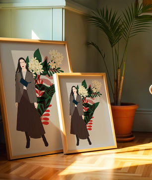 Elegant woman illustration with floral background in earthy tones