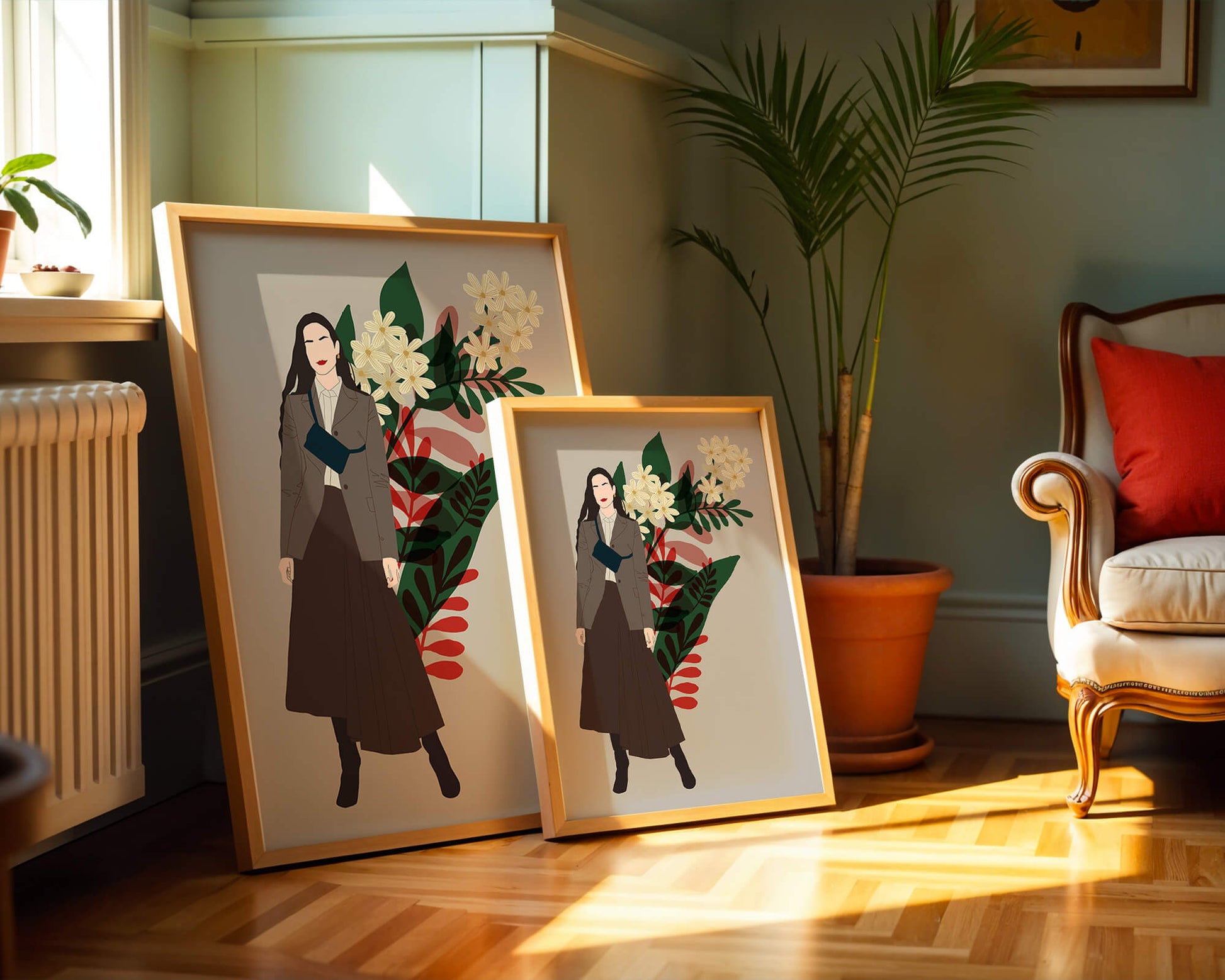 Elegant woman illustration with floral background in earthy tones
