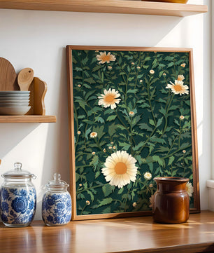 Floral pattern with daisies on a dark green background