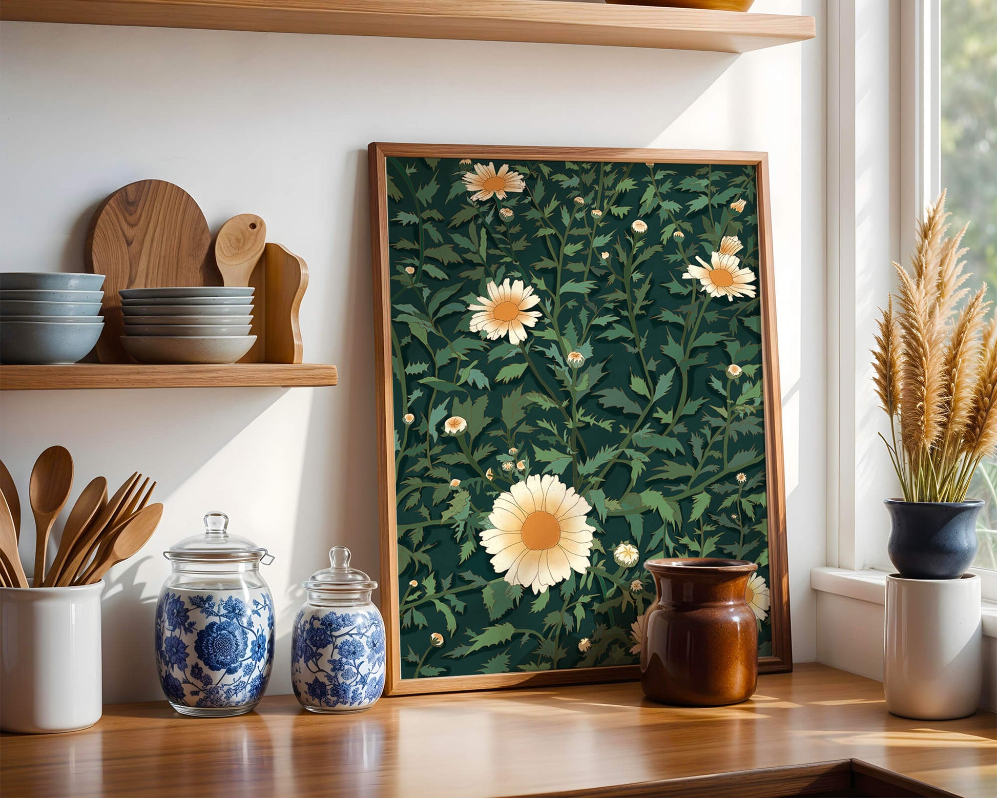 Floral pattern with daisies on a dark green background