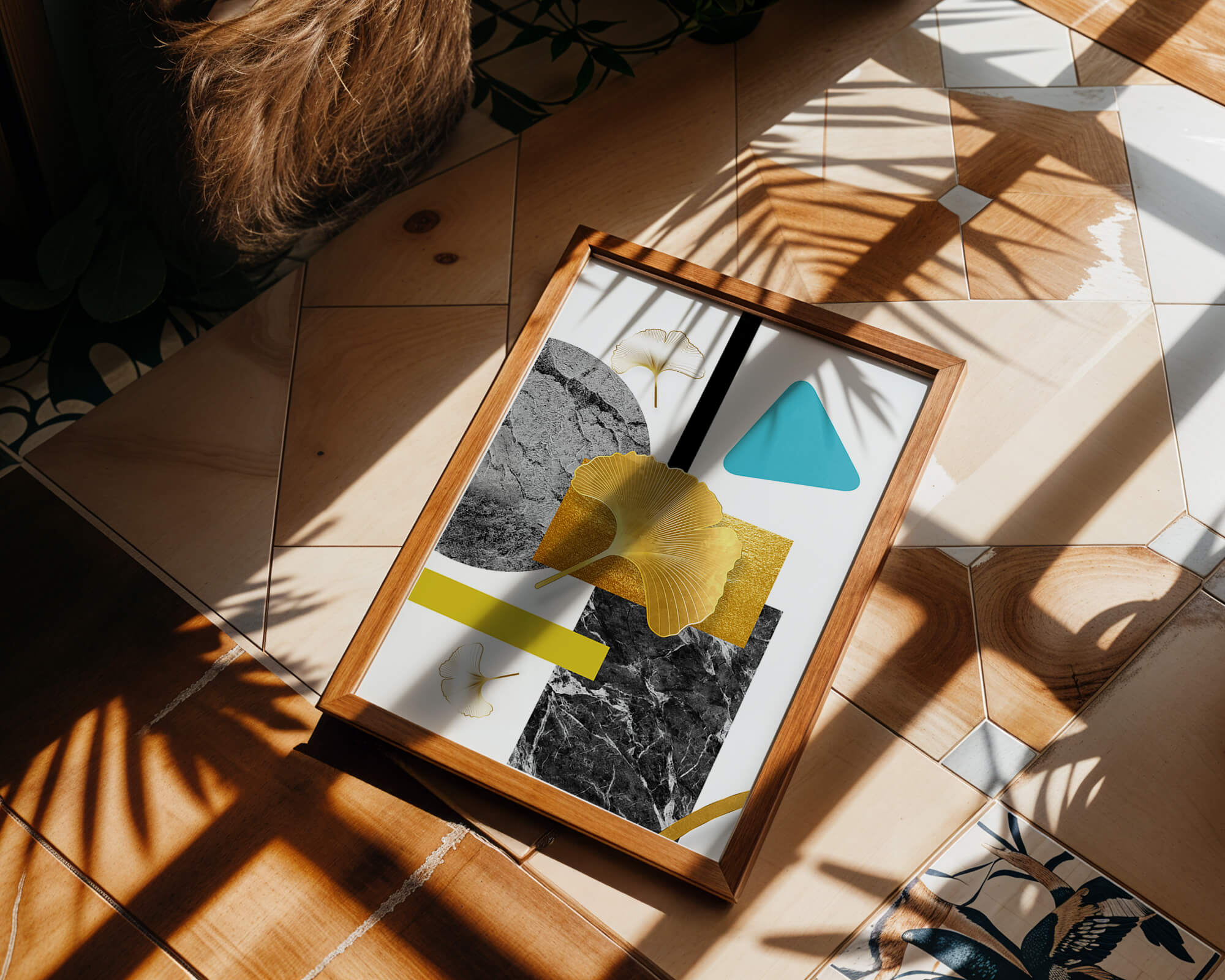 Geometric Abstract Composition with Gold Ginkgo Leaves