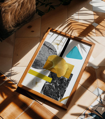 Geometric Abstract Composition with Gold Ginkgo Leaves