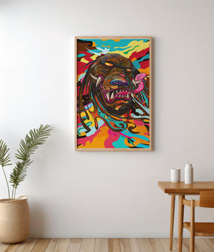 Cabeza de león abstracta y colorida con remolinos vibrantes