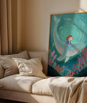 Underwater scene with child and whale surrounded by marine life