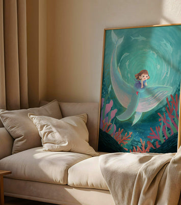 Underwater scene with child and whale surrounded by marine life