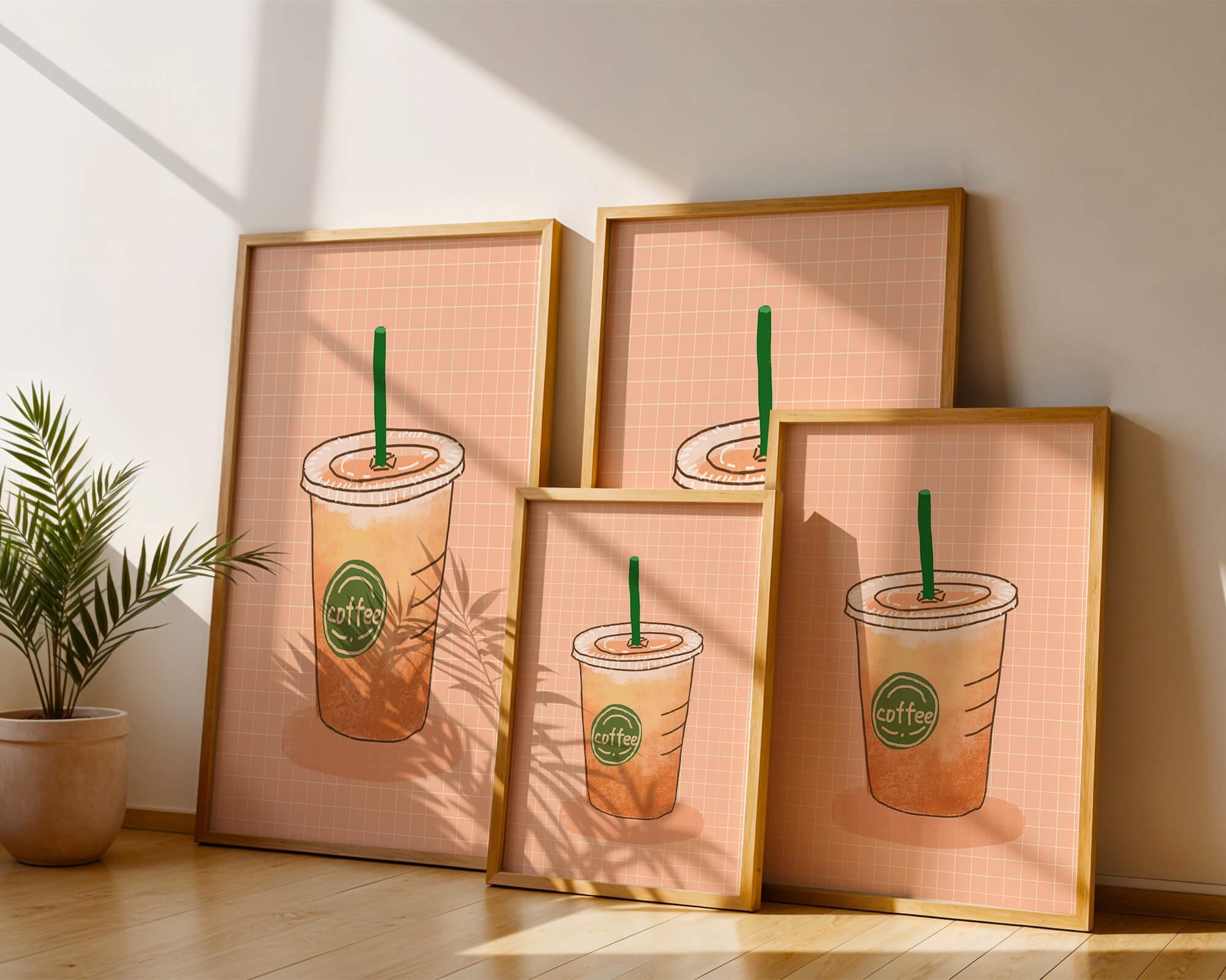Illustrated iced coffee cup on peach grid background