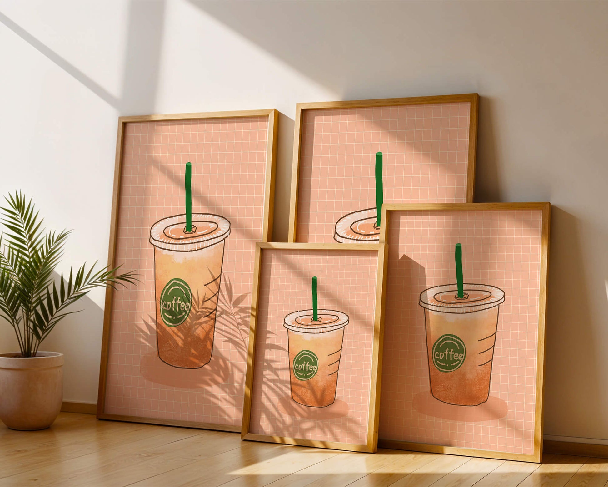Illustrated iced coffee cup on peach grid background