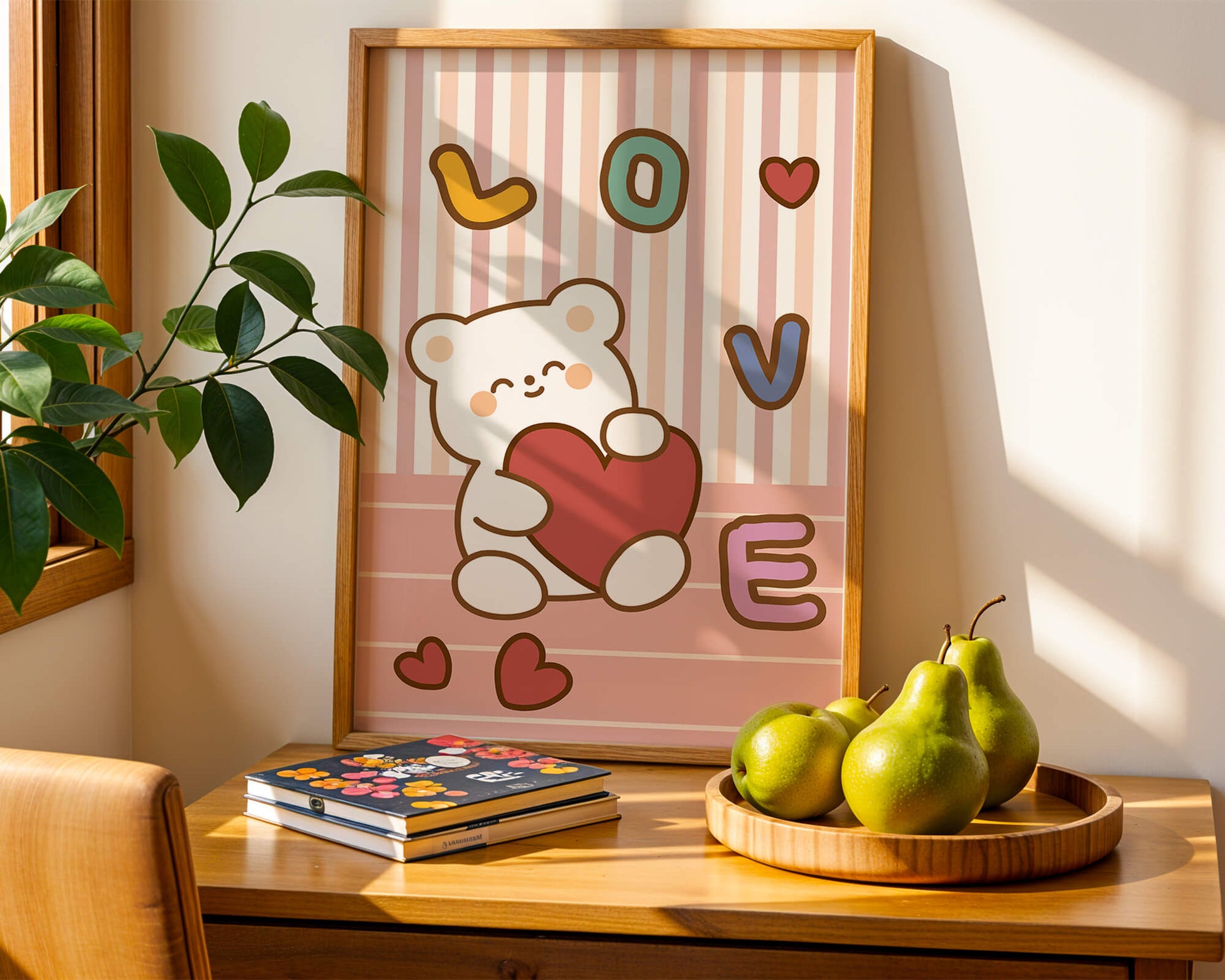Adorable bear holding a heart in a playful love-themed illustration