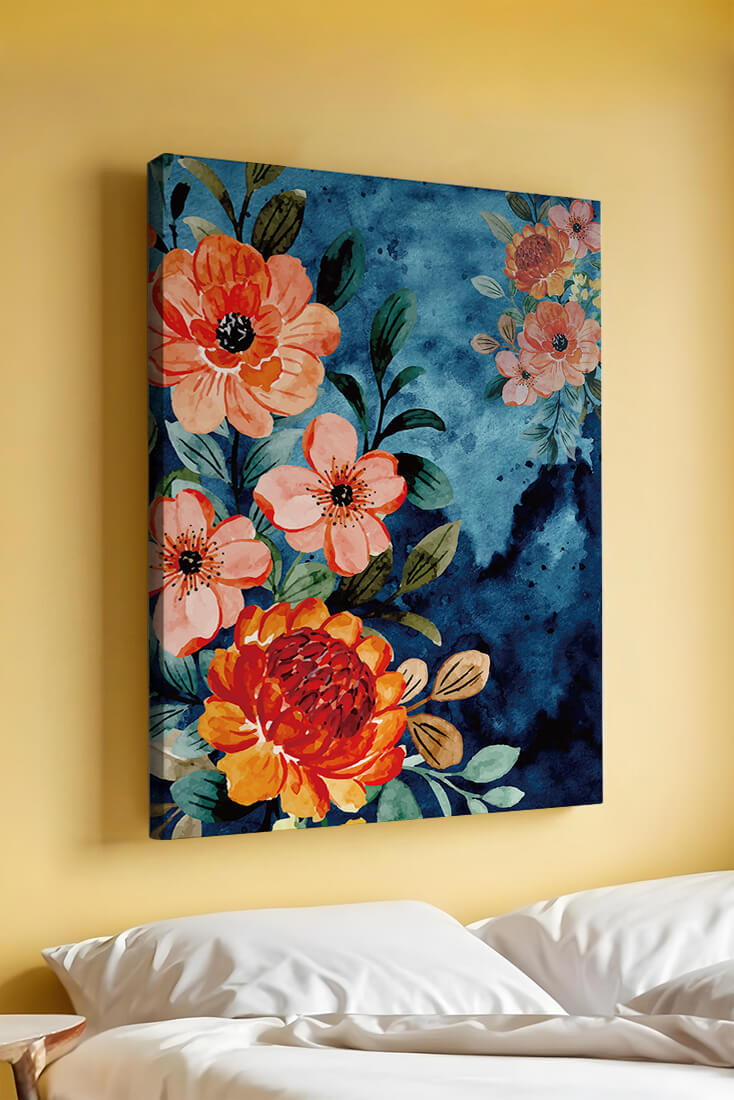 Vibrant floral watercolor design with orange blossoms and blue background