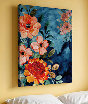 Vibrant floral watercolor design with orange blossoms and blue background