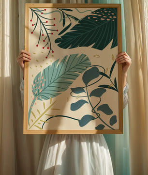 Abstract Botanical Illustration with Colorful Leaf Patterns