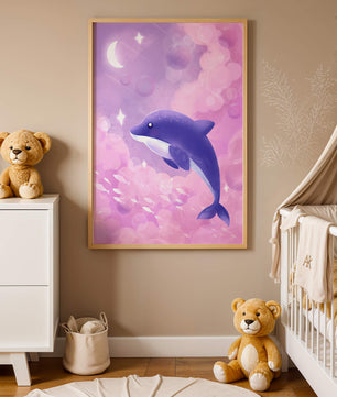 Dreamlike underwater scene with dolphin and moonlit sky