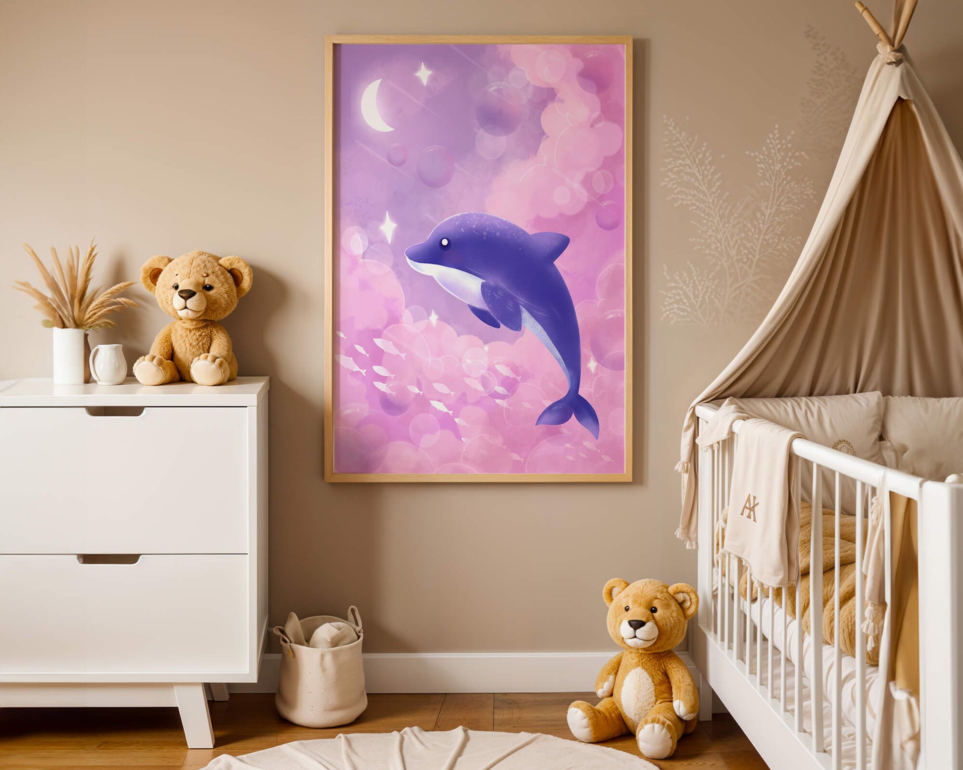 Dreamlike underwater scene with dolphin and moonlit sky