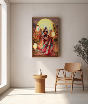 Traditional Asian woman playing musical instrument under moonlight
