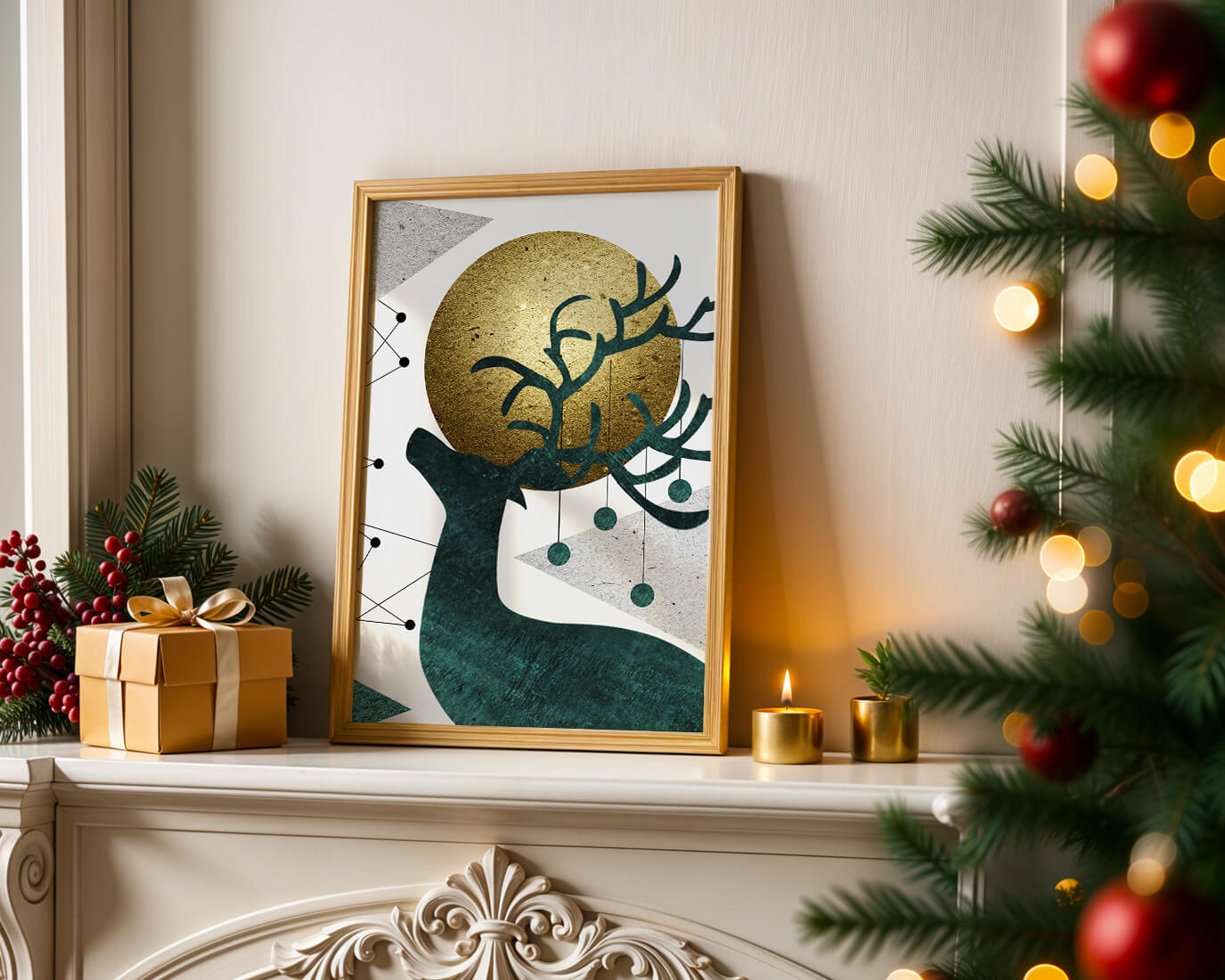 Abstract Geometric Deer with Gold Circle and Modern Design