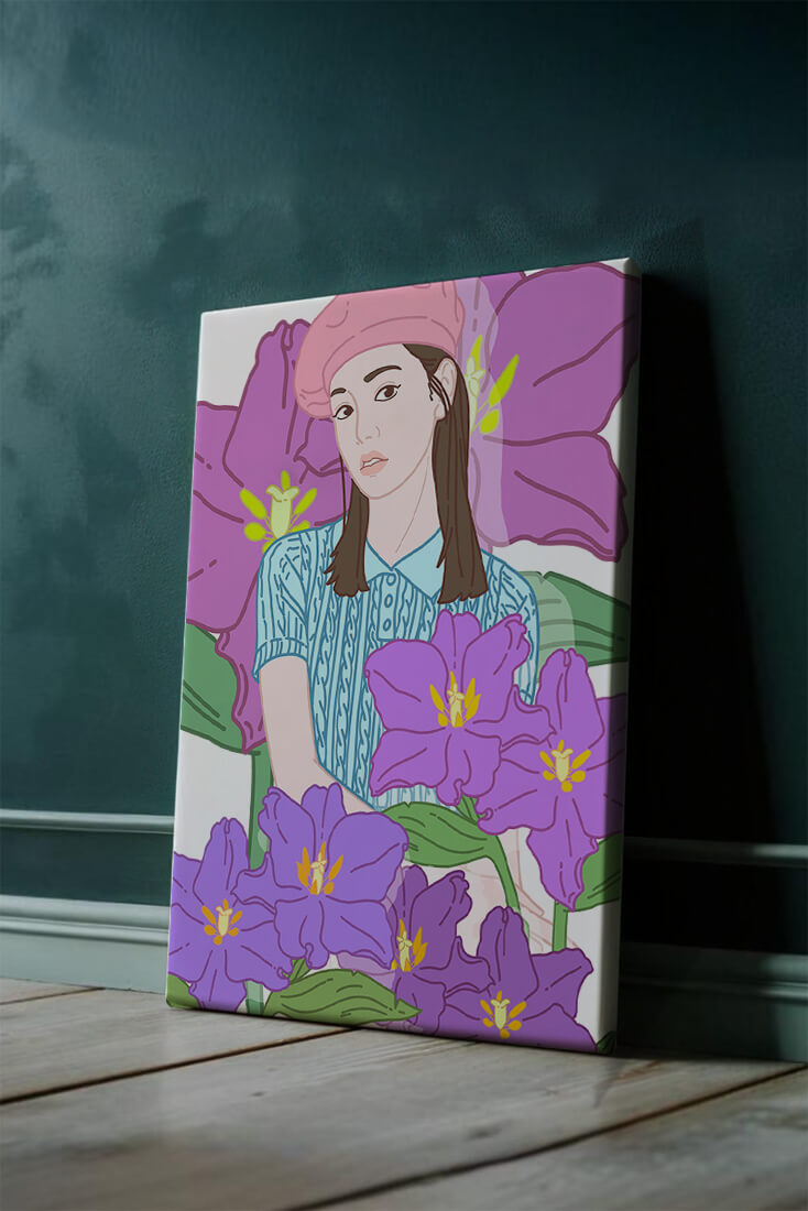 Ilustración de una joven con boina rosa y flores moradas
