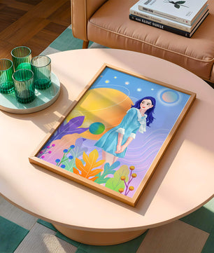 Ilustración de fantasía de una mujer en un jardín cósmico con colores vibrantes