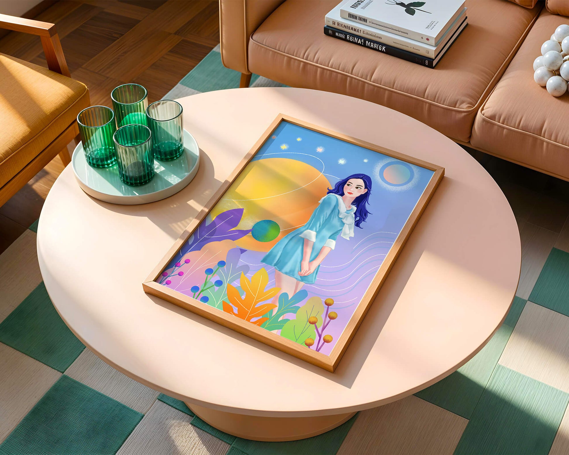 Ilustración de fantasía de una mujer en un jardín cósmico con colores vibrantes