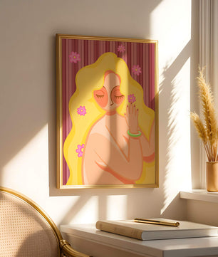 Ilustración abstracta de una mujer serena con el pelo largo y rubio y flores