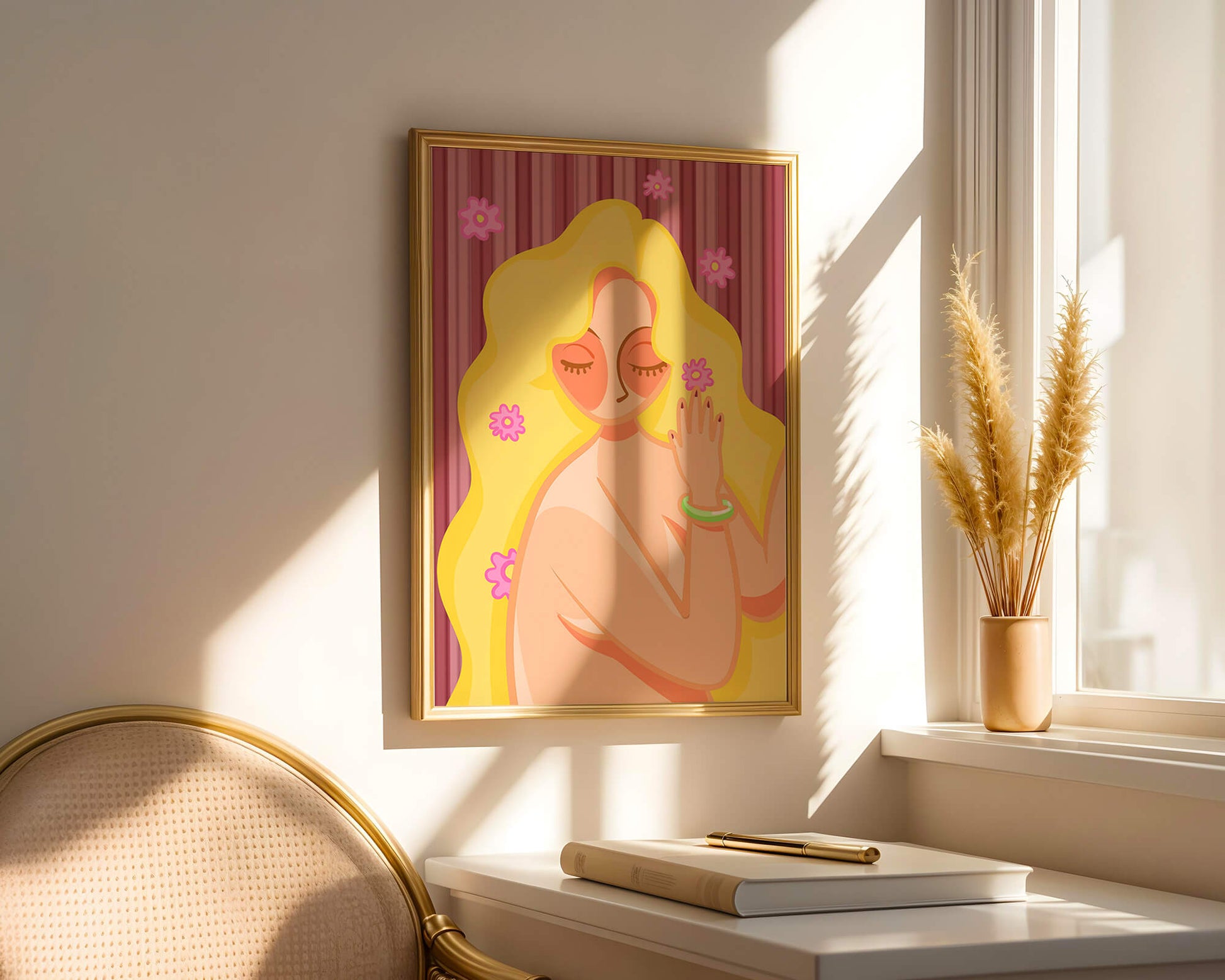 Ilustración abstracta de una mujer serena con el pelo largo y rubio y flores