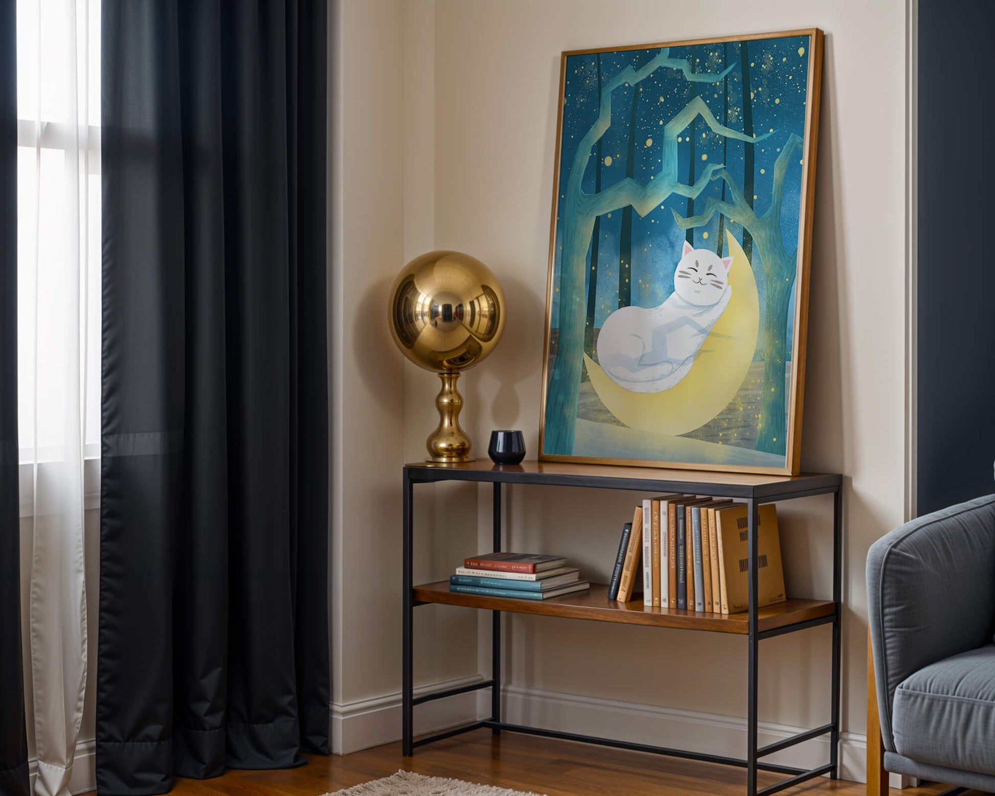 Cat sleeping on the moon in an enchanted forest under the starry sky