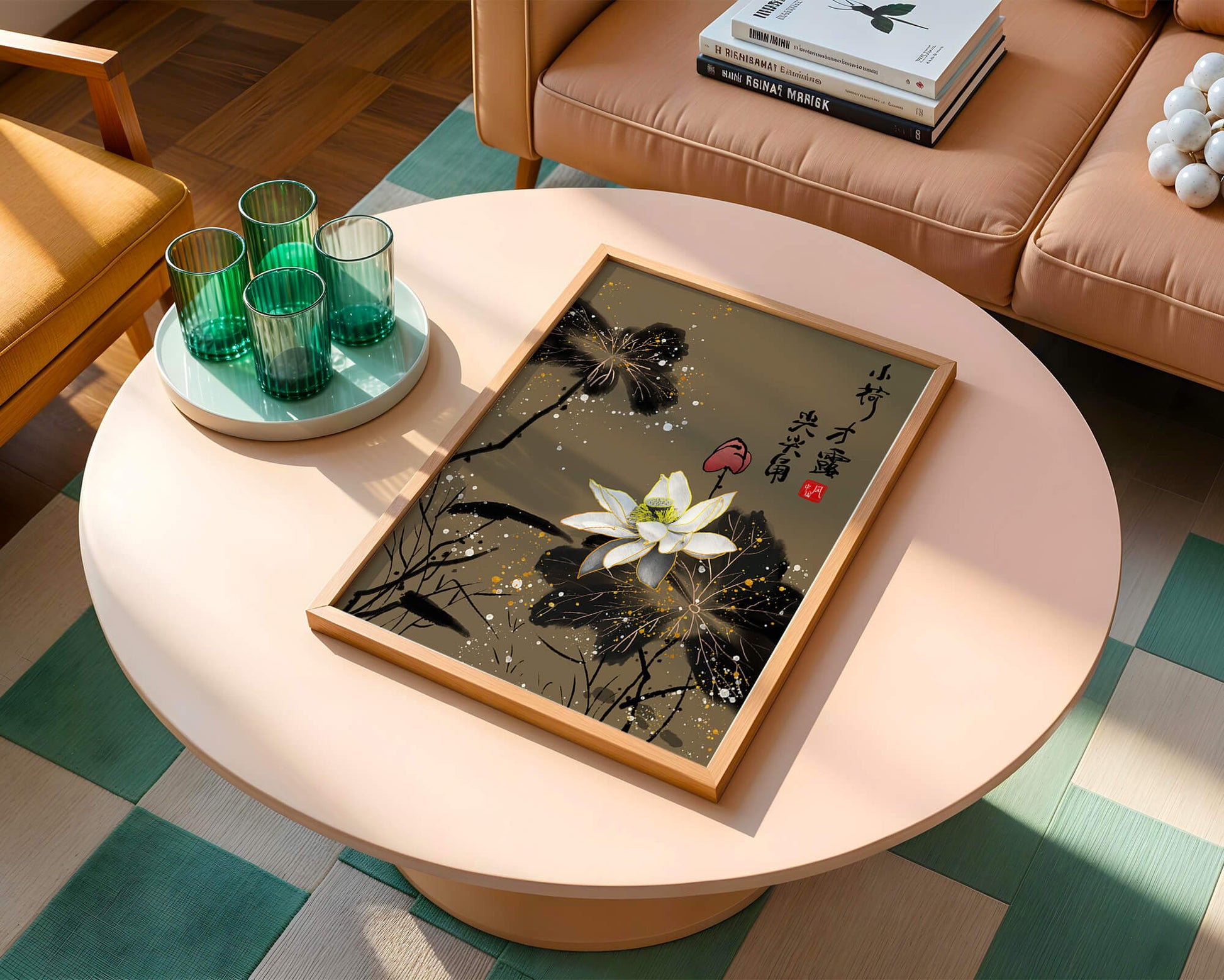 Elegant oriental floral art with gold accents and calligraphy