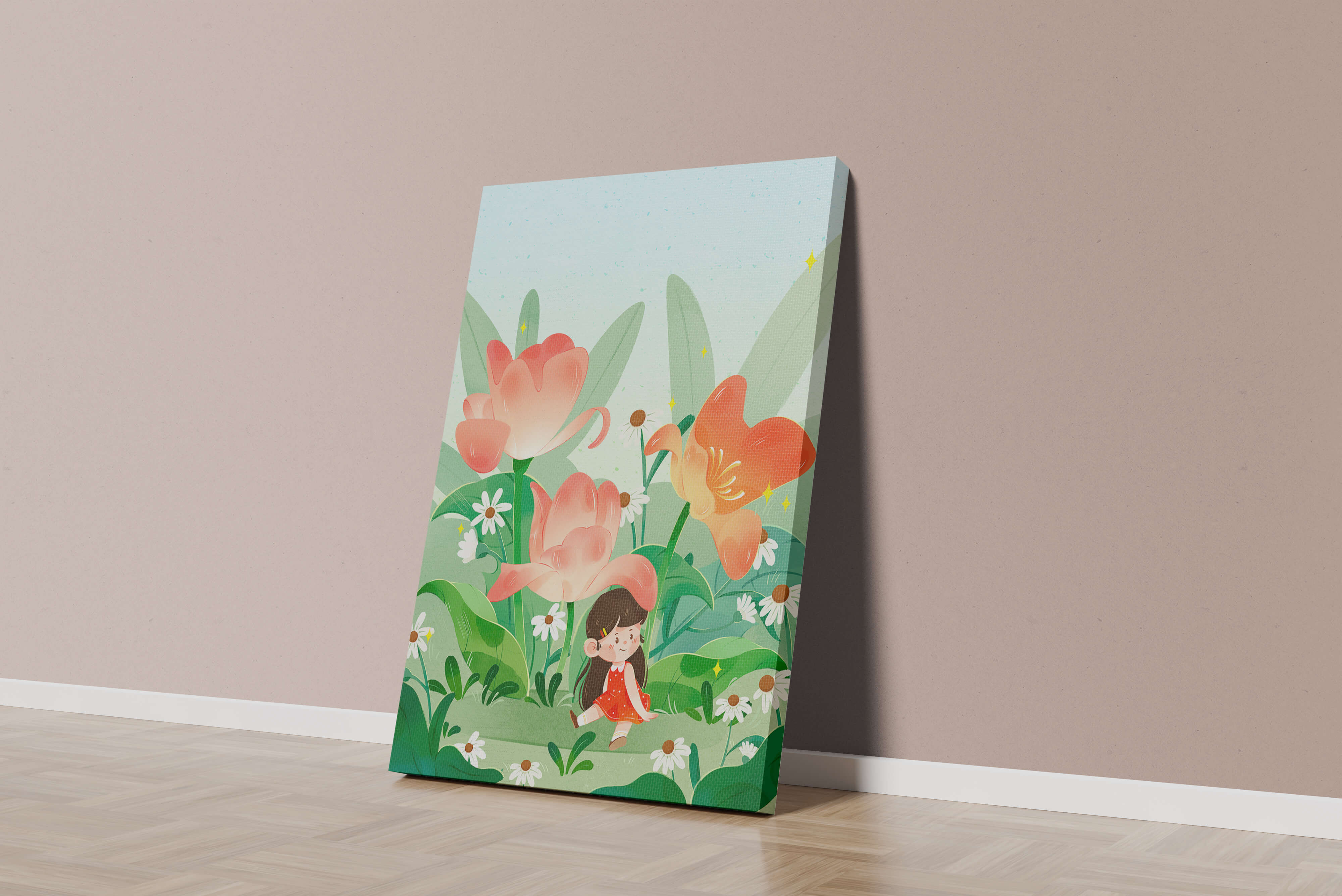 Charming floral garden with whimsical child illustration
