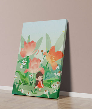 Encantador jardín floral con ilustración de niño caprichoso