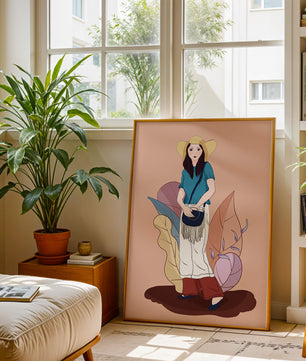 Ilustración de moda de una mujer con sombrero sobre fondo pastel