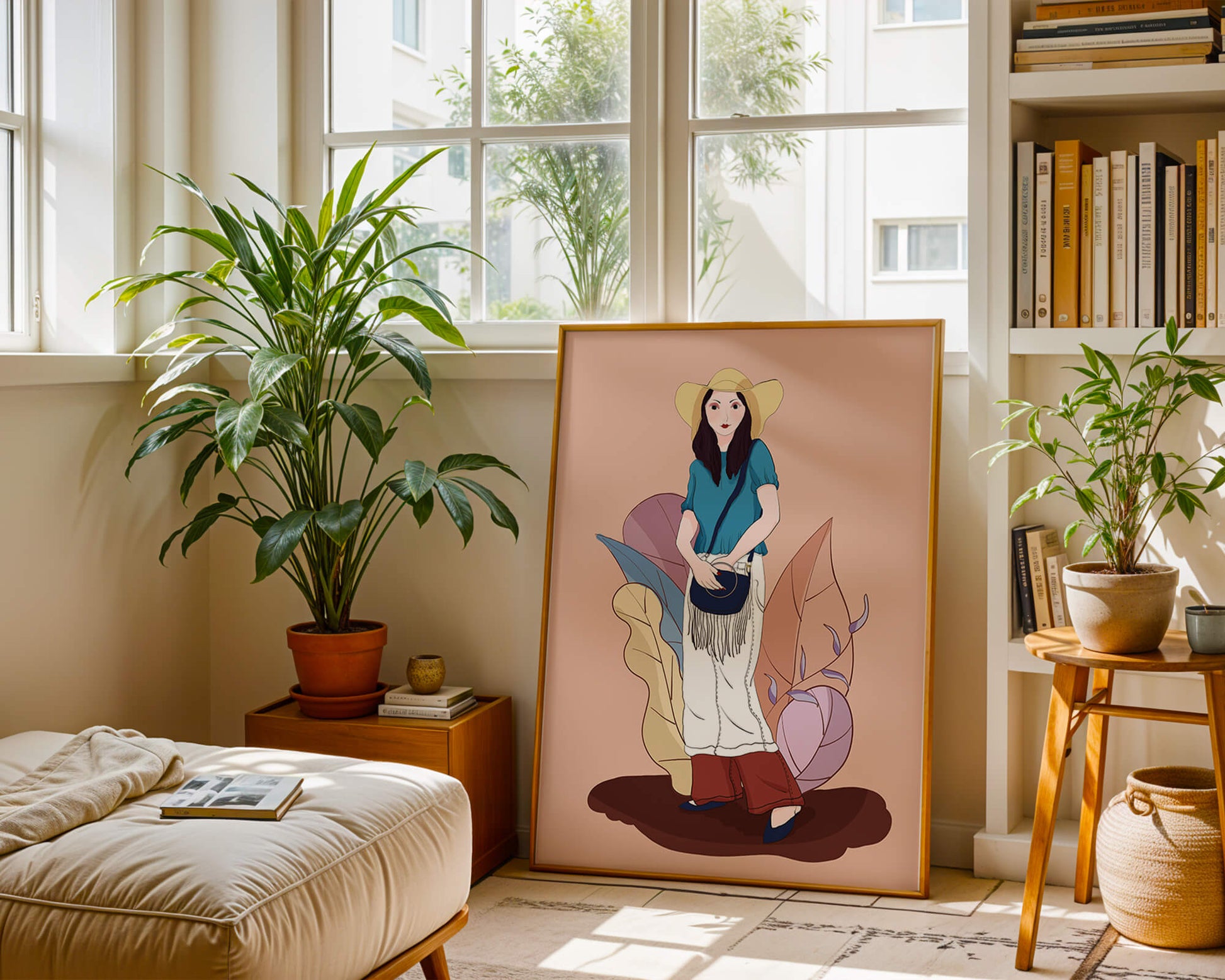 Ilustración de moda de una mujer con sombrero sobre fondo pastel