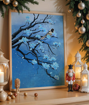 Blue Blossoms on Branch with Bird in Winter Scene