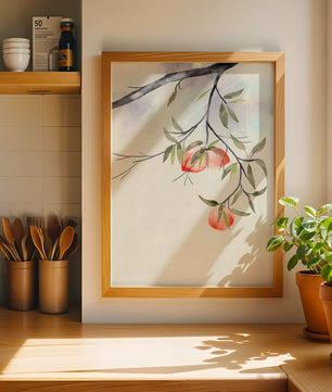 Peaceful Botanical Illustration of Branches with Leaves and Peaches - Mi tienda