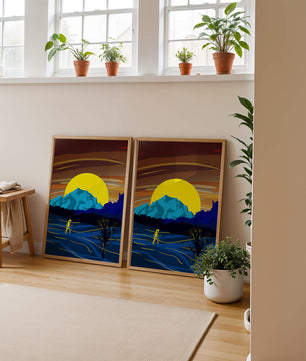 Paisaje surrealista con una puesta de sol vibrante y silueta