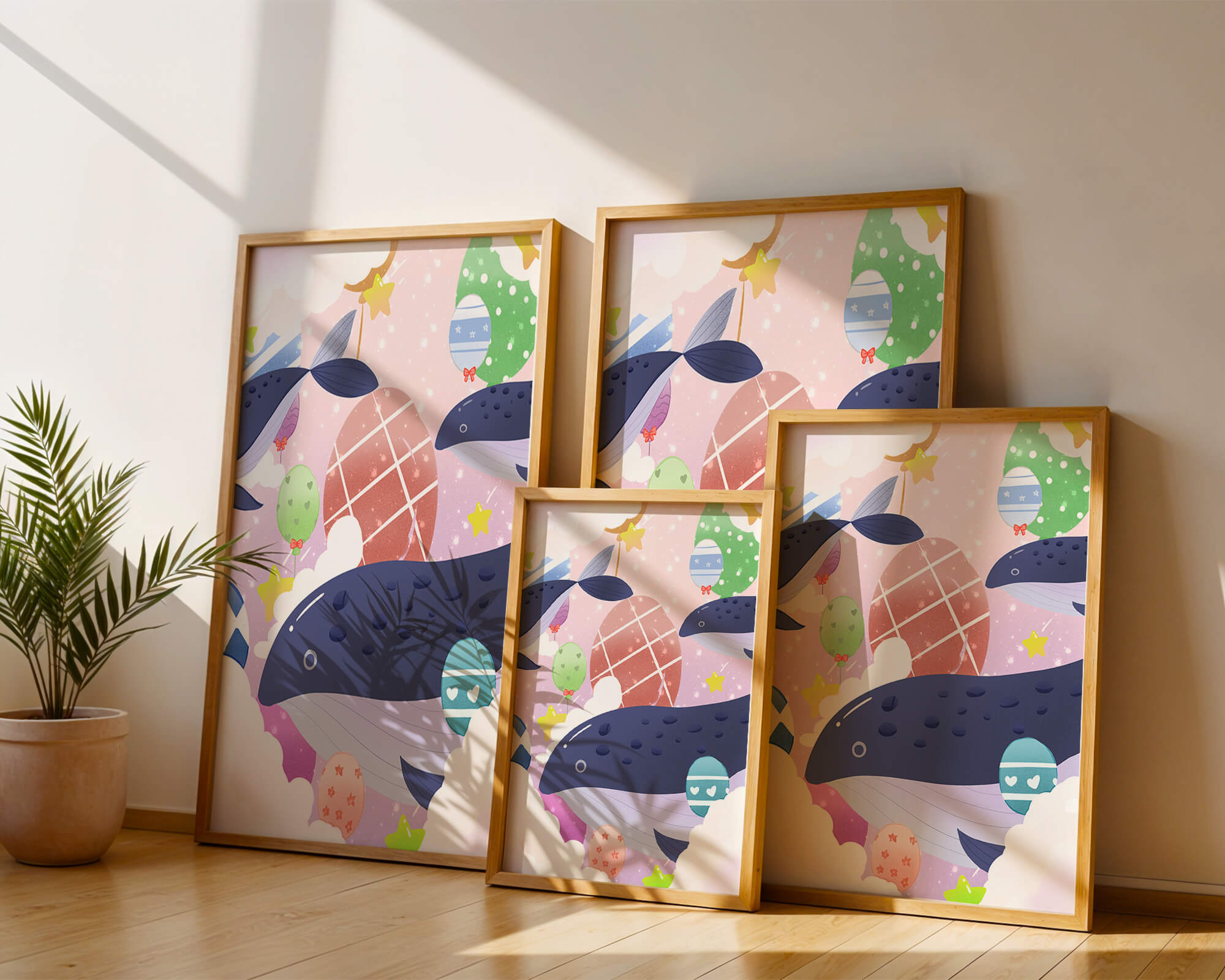 Whimsical illustration of whales and floating stars with colorful eggs